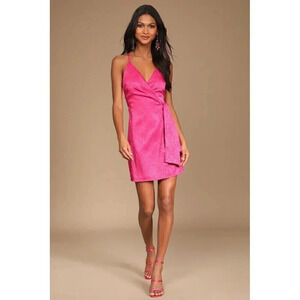 Lulus Elegant Always‎ Magenta Jacquard Side-Tie Wrap Mini Dress XL Nwt